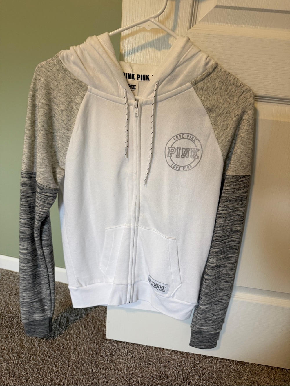 Victoria's Secret PINK White Hoodie with Heather Gray Sleeves